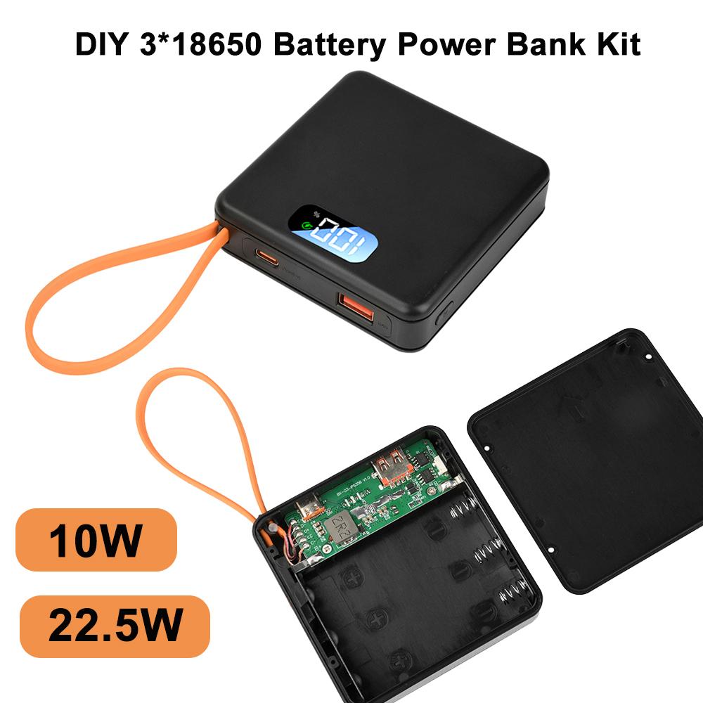 Набор для сборки Power Bank 10 Вт 22,5 В Быстрая зарядка, Конструкция без пайки с корпусом на 3 аккумулятора 18650, Портативный корпус блока питания