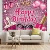 A birthday greeting banner with a shining pink glitter, accompanied by items related to makeup and hairstyling themes