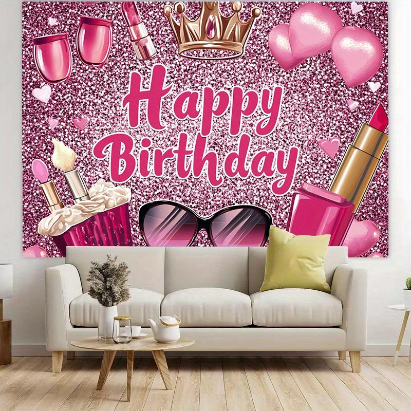 A birthday greeting banner with a shining pink glitter, accompanied by items related to makeup and hairstyling themes