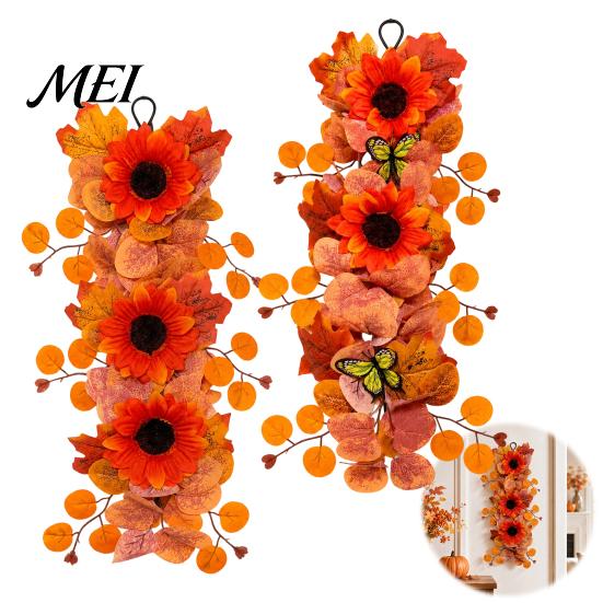 Elegant Multi-layer Maple Leaf Wreath Artificial Fall Sunflower Wall Hanging, Garland with Butterfly, Autumn for Front Door Harvest Indoor Outdoor