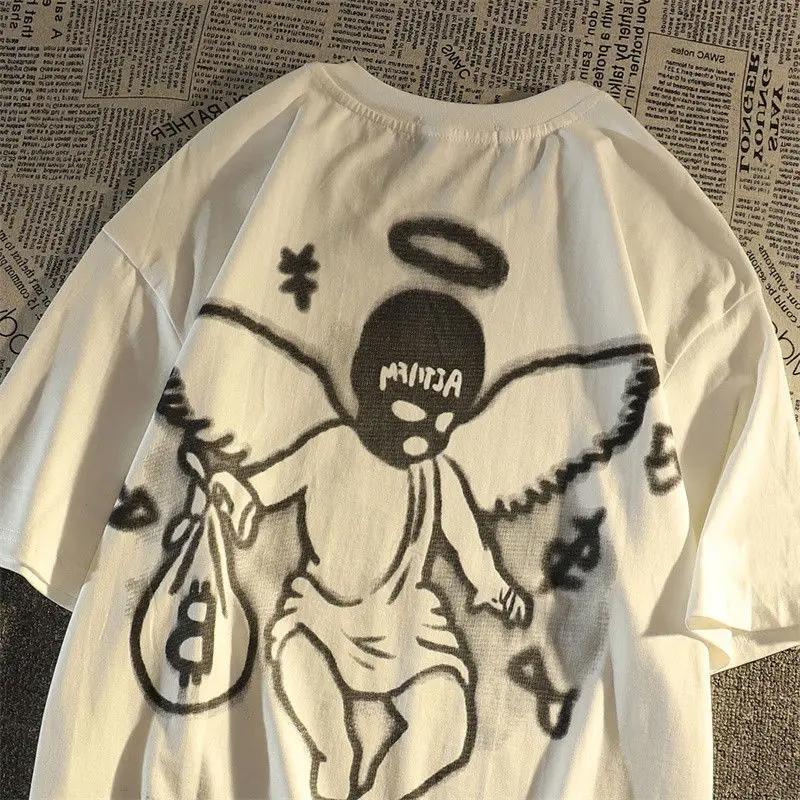 KPOP Хип-хоп Оверсайз Мода Уличный стиль Персонализированный Маленький ангел Трендовая Мужская и женская 2024 Лето Новая Футболка с коротким рукавом