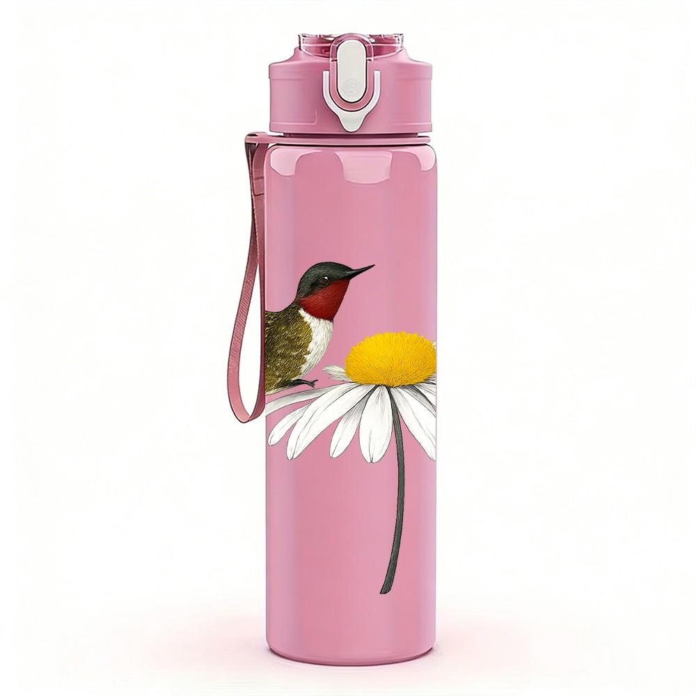 1PC Hummingbird Daisy Flower Print 750ml Color Plastic Sports Water Bottle Leakproof Flip Straw Lid Suitable for Sports Office Home Use
