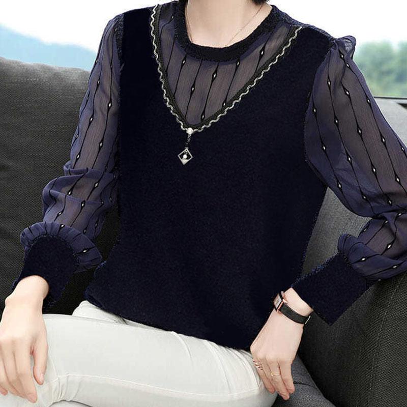 Women's Spring and Autumn Four Seasons Models Thin Section Round Neck Solid Colour Long-sleeved Loose Pullover Lace Bottoming Blouse
