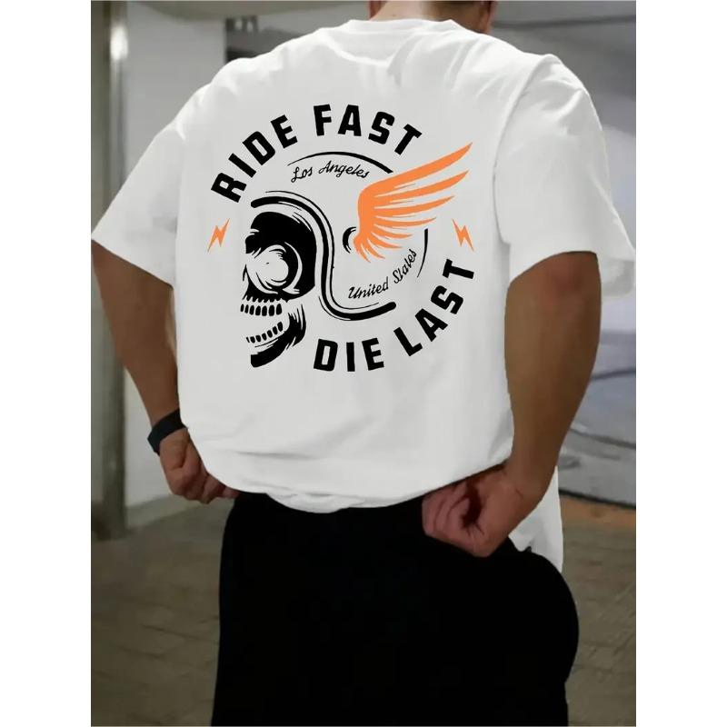 Европейские размеры Мужская футболка "Ride Fast" с принтом черепа - Черная повседневная летняя футболка с ярким принтом "RIDE FAST" и дизайном крыльев,