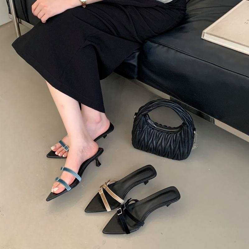 Fashion Fashion Narrow Band Buckle Design Brand Slippers Women Elegant Pointed Toe Kitten Heel Slide Sandals Comfortable Low Heel Sandal