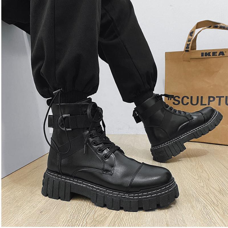 Men Boots 2024 Autumn Thick Soled Lace-up Korean Belt Buckle Comfort High Top Flat Bottom Anti Slip Outdoor British Sports Boots