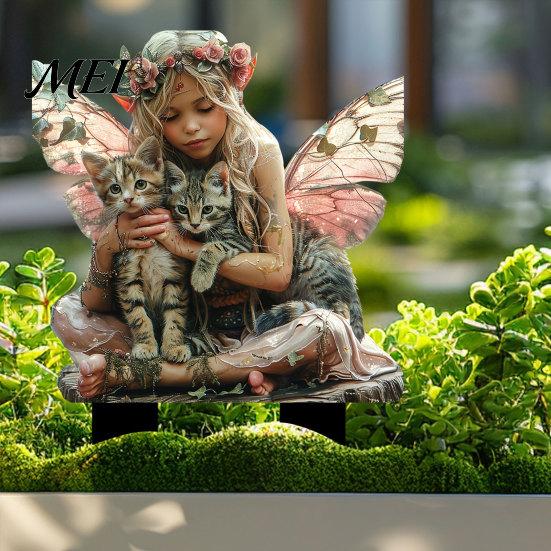 Fairy And Cat Statue Garden Stake, Cats Shape with 2D Printing, Waterproof Potted Plant Decoration Acrylic Realistic Outdoor Decoration, for