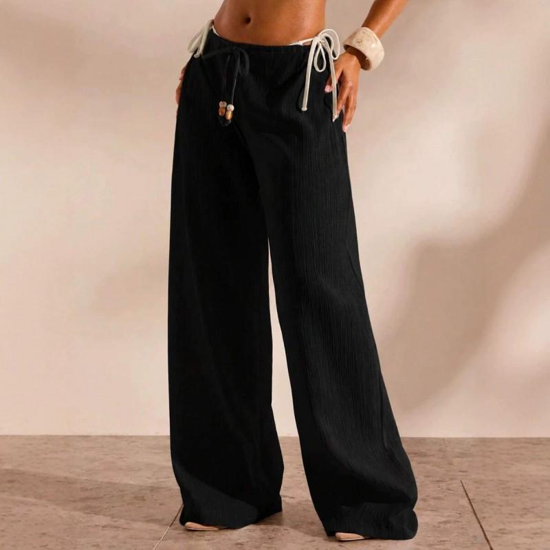 2025 Женские повседневные брюки с широкими штанинами однотонные с поясом на шнурке свободные брюки для отпуска уличная одежда