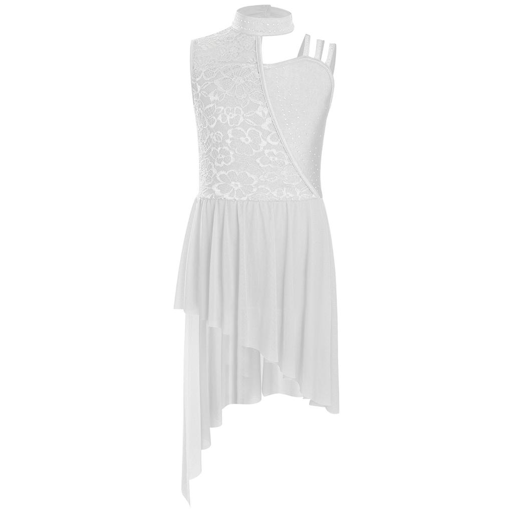 Платье-трико для девочек с воротником-стойкой, цветочным кружевом, стразами, асимметричными плечами и неровным подолом, лирический танцевальный костюм