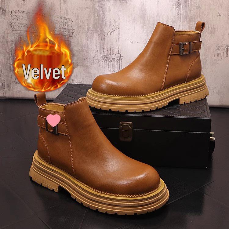 Men's Chelsea Leather Slip-On Boots - High-Top, British Style, with Inner Height Increase and Martin Boot Warmth.