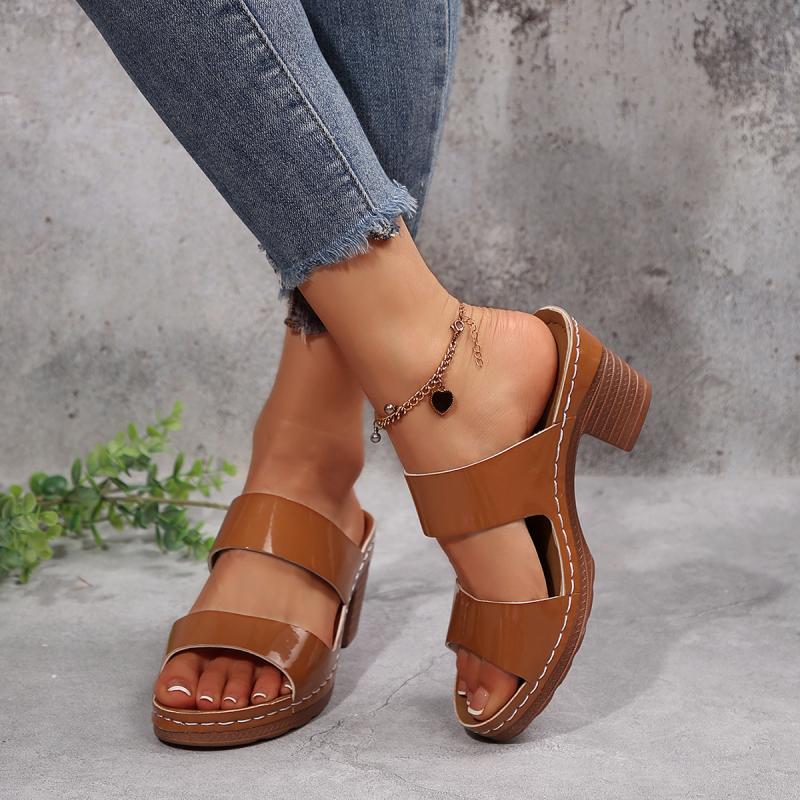 Classic Peep Toe Sandals Women 2025 Summer Elegant Round Toe Slip On High Heels Slippers Women Solid Brown Anti Slip Shoes Women