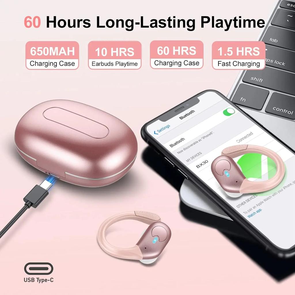 BX30 Bluetooth 5.4 Earphones IPX7 Waterproof Wireless Headphones with ENC Noise Cancelling Mic Deep Bass For Sports Workout Gym