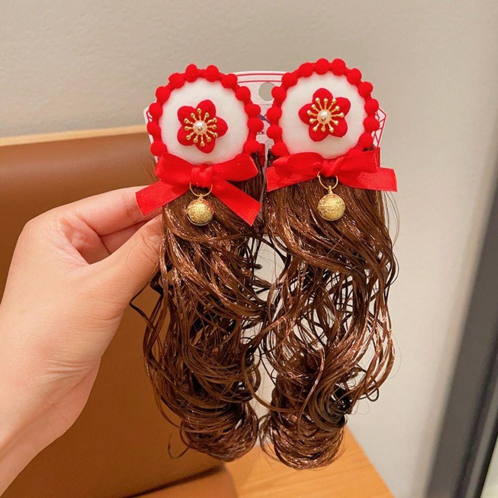 2 шт. детский парик-бантик в китайском стиле, вьющиеся волосы, красная заколка-бантик, новогодняя праздничная