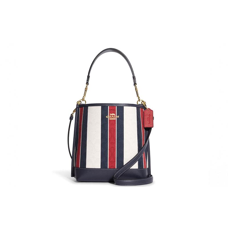 COACH Mollie Stripes Smooth Leather and Canvas Bucket Bag Hand Crossbody Shoulder Bag 22 Women's Blue White Red