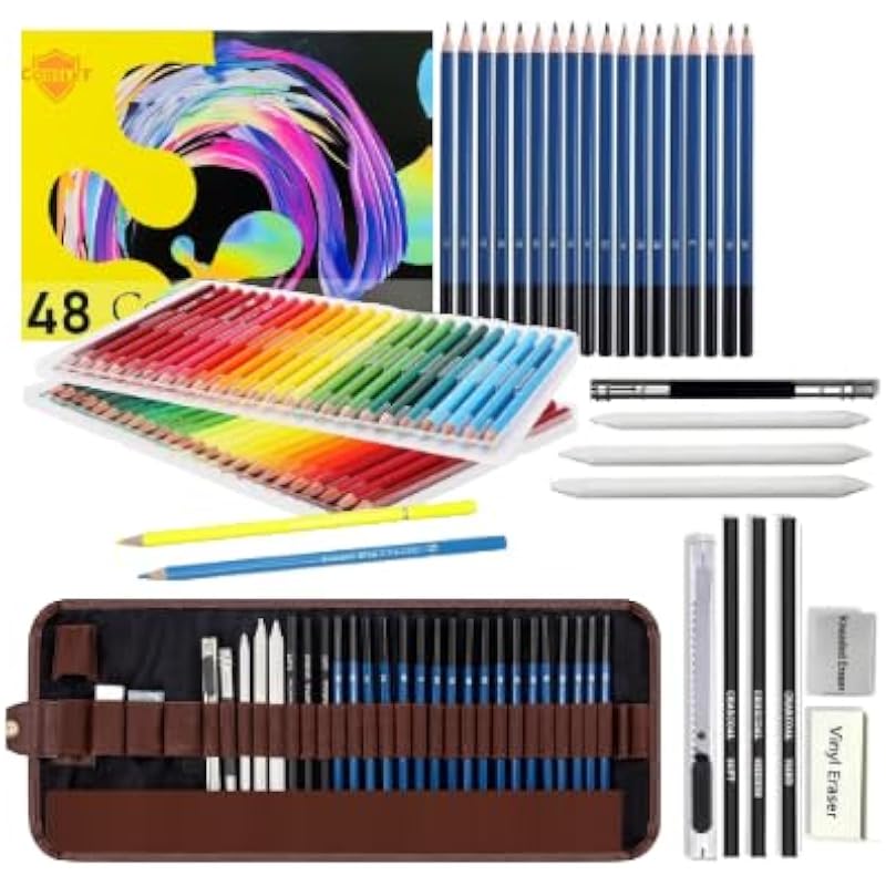 Corslet Set Of 77 Pcs Drawing Kit - 48 Pc Colour Pencil Set Pencil Colour & 29 Pc Drawing Charcoal Pencil Set Art Suppli