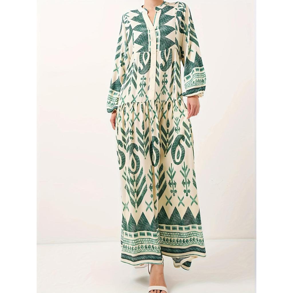 Elegant Green Modest Dress for Muslim Women – Soft, Comfortable, Long Printed Design