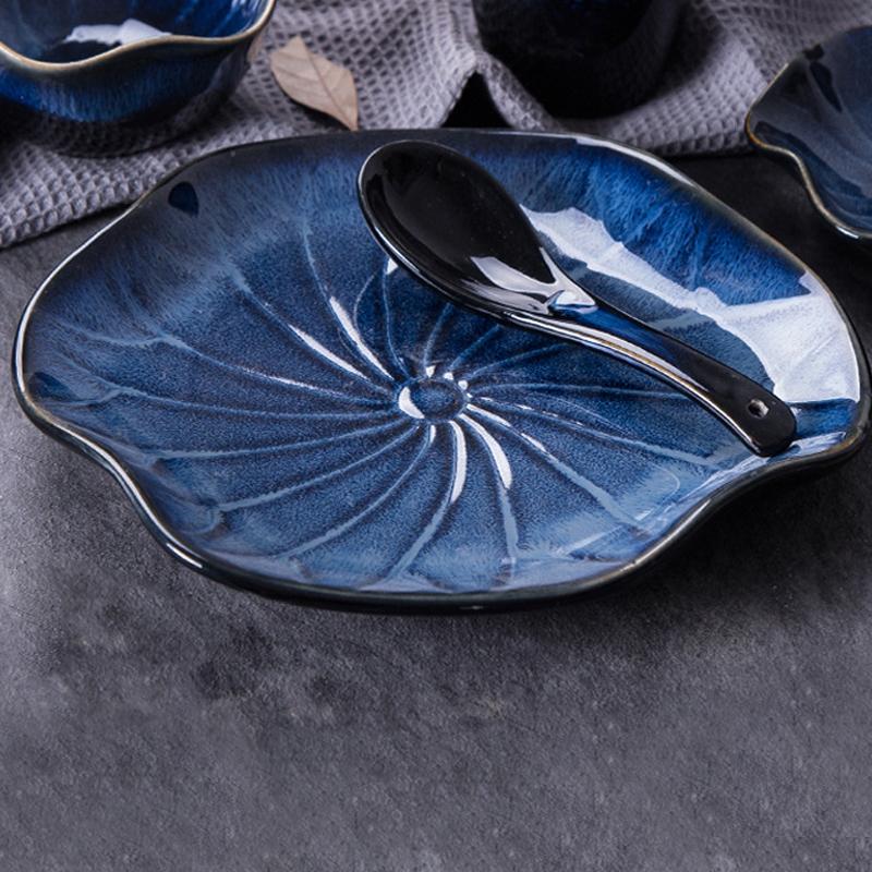 8,5-дюймовая керамическая тарелка Raku с японским дизайном листьев лотоса, салатница, пригодная для использования в микроволновой печи, уникальная посуда ручной работы для домашней кухни