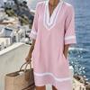Bohemian V Neck Loose Fit 3 4 Sleeve Beach Vacation Dress