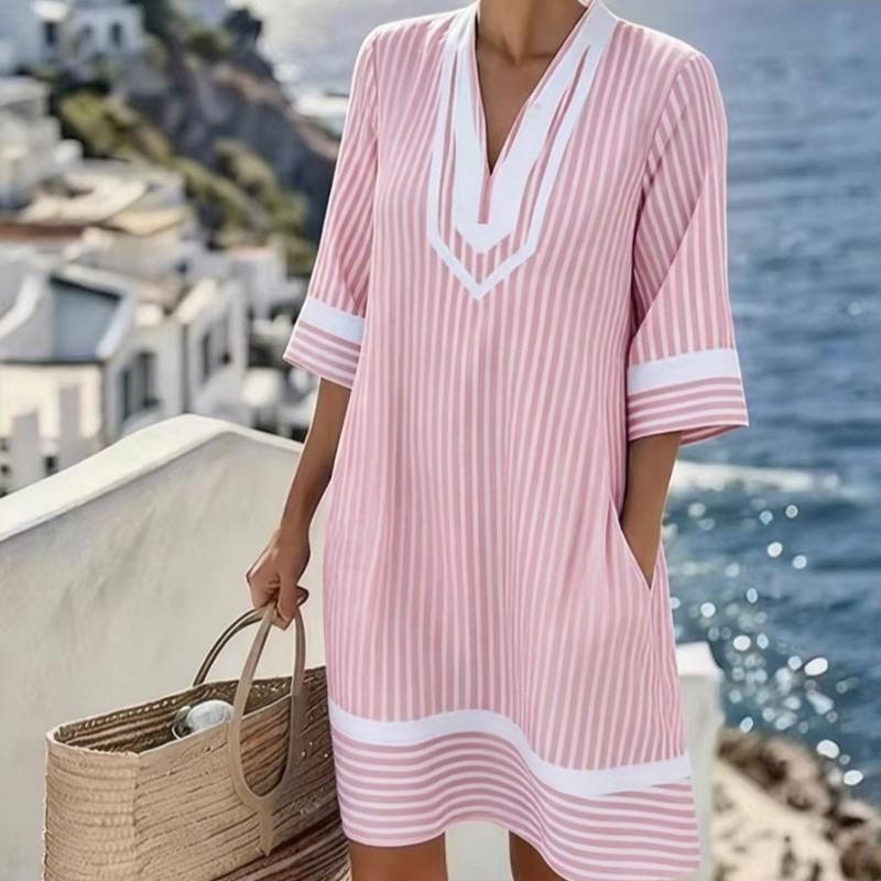 Bohemian V Neck Loose Fit 3 4 Sleeve Beach Vacation Dress