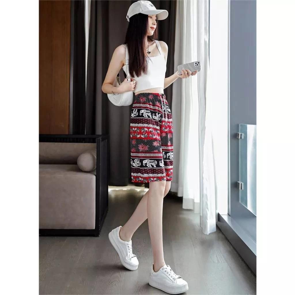 Elephant Pants Shorts Adjustable Elastic High Waistband Strap Rope Women Print Thailand Casual Streetwear Beach Bohemian Retro Vintage Boho