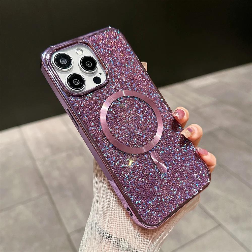 Роскошный Блестящий Алмазный Магнитный Чехол для Телефона IPhone 17 16 15 14 Plus 13 12 Pro Max для Беспроводной Зарядки Magsafe