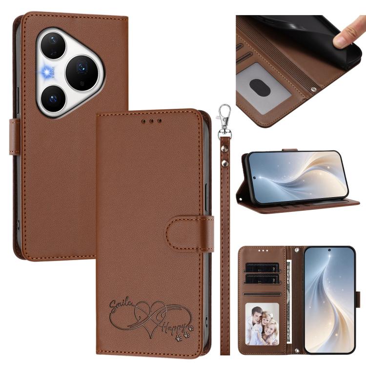 Happy Heart Pattern Magnetic Closure Vegan Leather Phone Case with Wrist Strap For Huawei Mate 60