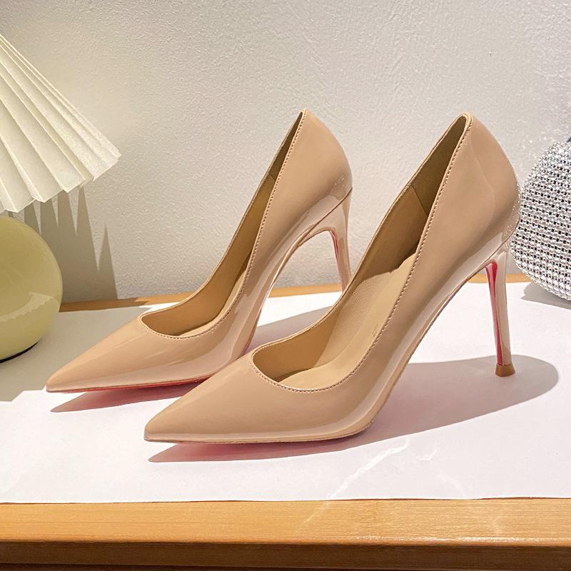 2026 new red bottom pointed side empty sexy nude high heels women's beautiful thin heel temperament black patent leather shoes