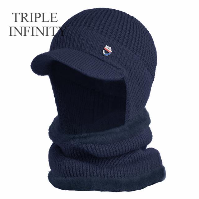 Winter Men Hat Outdoor Ear Protection Warm Thick Bicycle Knitted Cap Scarf Windproof Visors Baseball Cap Male