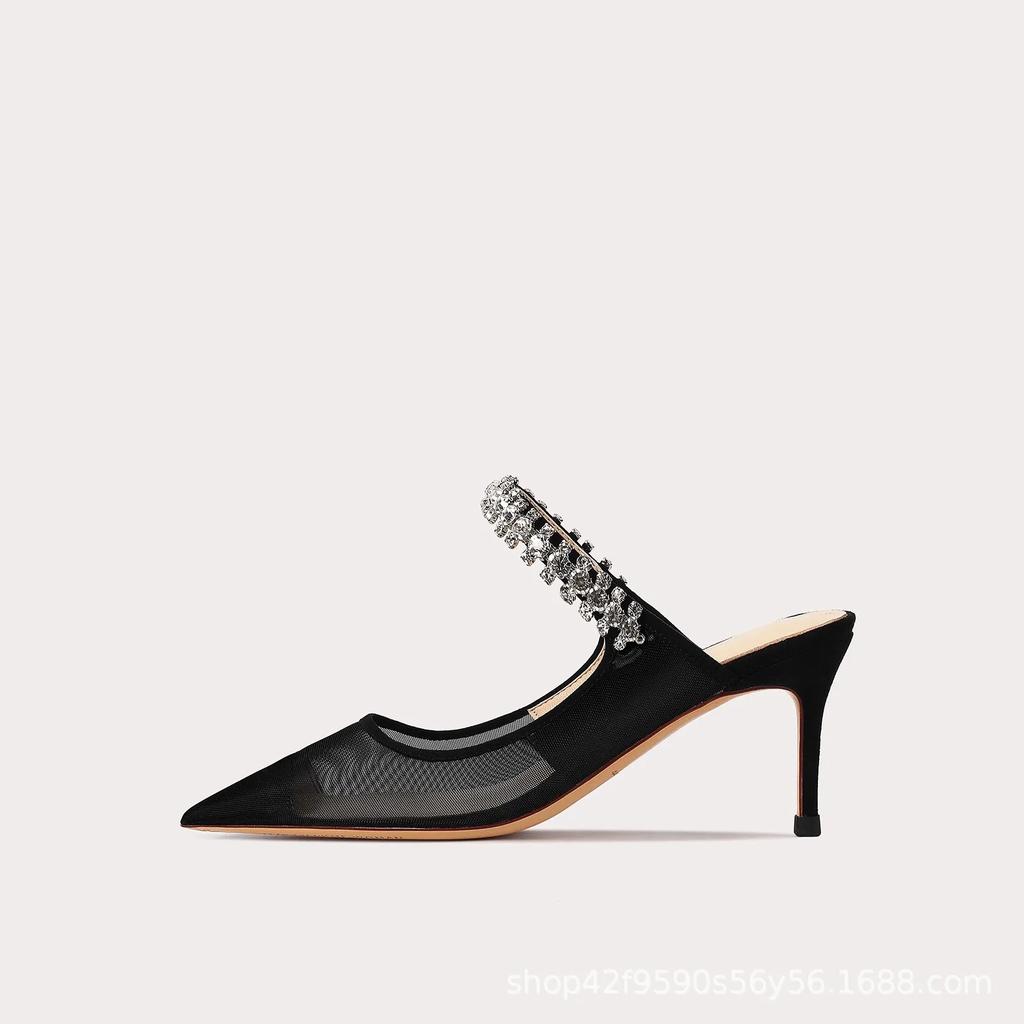 2024 New One Word Water Diamond Women's Summer Baotou Mesh Fine Heels Pointed High Heels Black Slippers