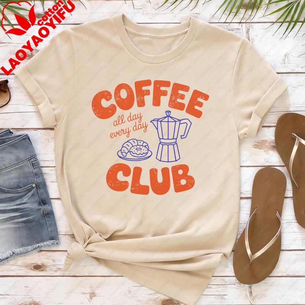 Женская футболка Coffee Club Повседневная летняя с коротким рукавом Хлопковый топ Подарок для любительницы кофе Модная футболка Для повседневной носки