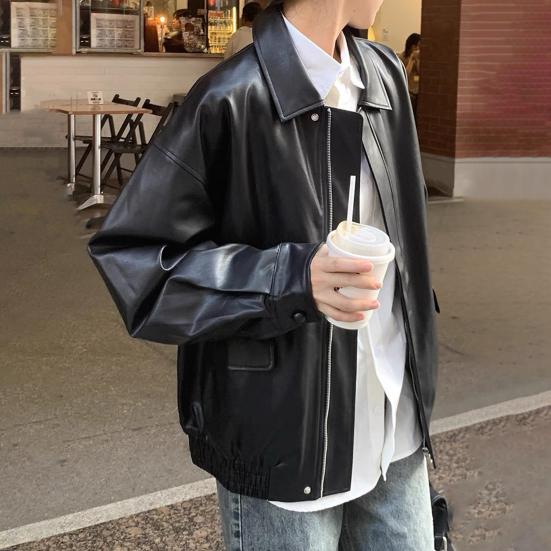 Женская куртка из искусственной кожи с гладкой поверхностью, отложным воротником, застежкой-молнией, длинными рукавами, эластичными карманами по низу, ретро-мотоциклетное пальто