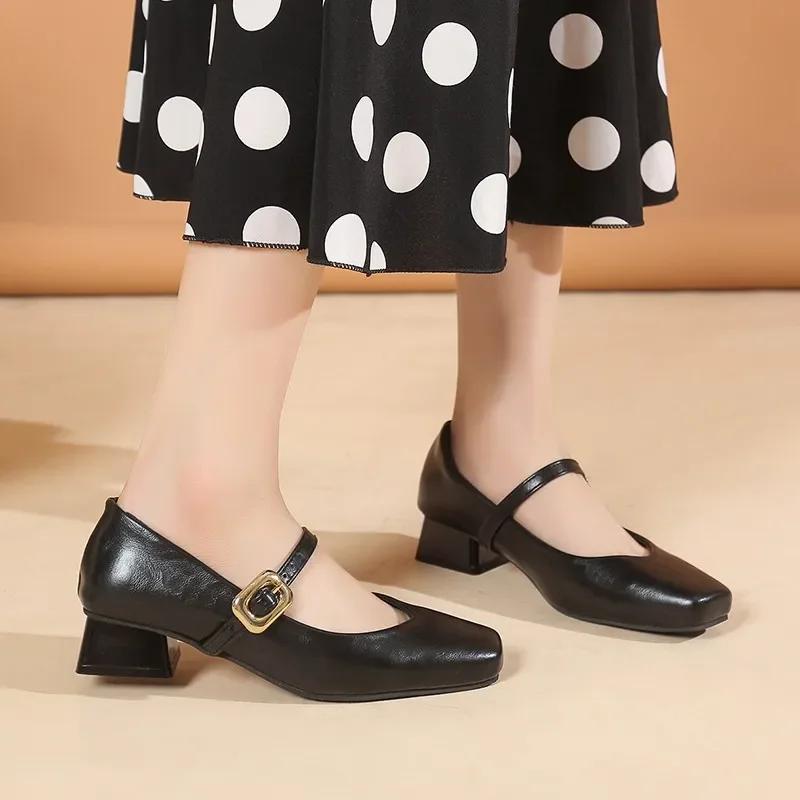 Овчина 2024 Весна и Осень Квадратный Носок Низкий Каблук Туфли-Лодочки Ретро Стиль Туфли Мэри Джейн