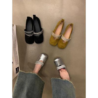 Стразы со стразами и балетками Мэри Джейн 2024 года, новые весенне-осенние туфли с квадратным носком и неглубоким горлом, универсальные французские нежные одинарные туфли с плоской подошвой