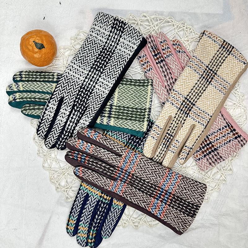 Перчатки из замши для японских девушек, клетчатые, флисовые, утолщенные, термоперчатки для студенток с разделением пальцев