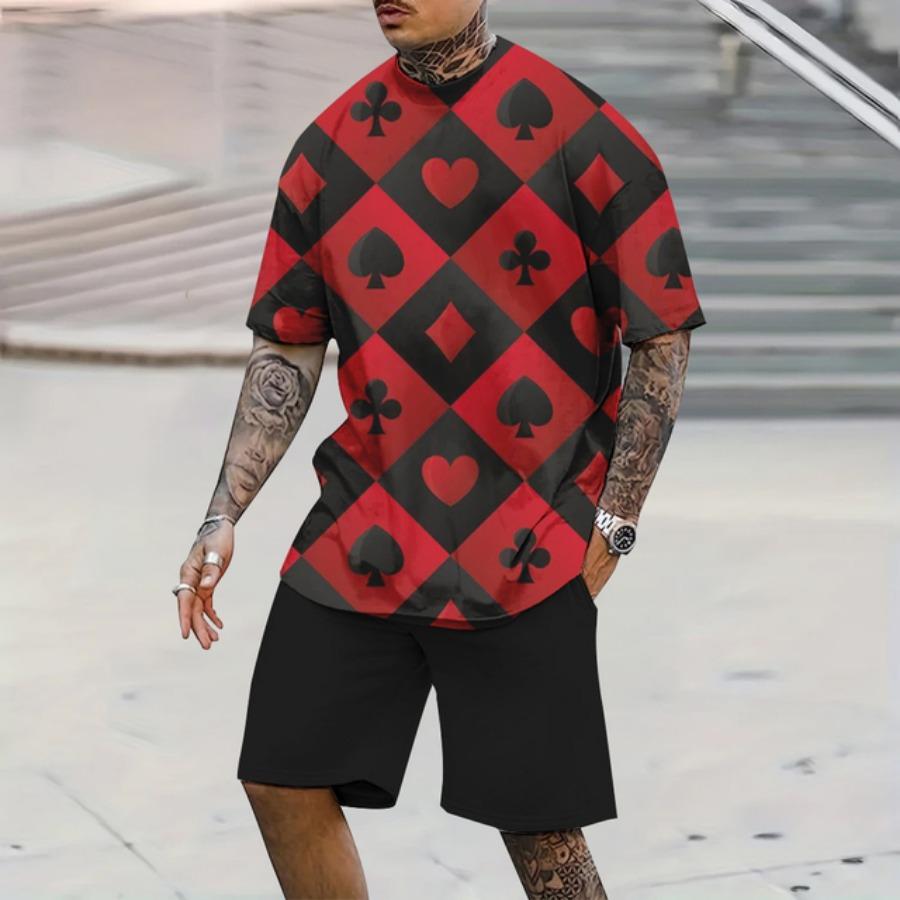 Стильный мужской спортивный стиль летний мужской комплект из 2 предметов повседневный дышащий короткий рукав покер 3d принт свободный большой размер