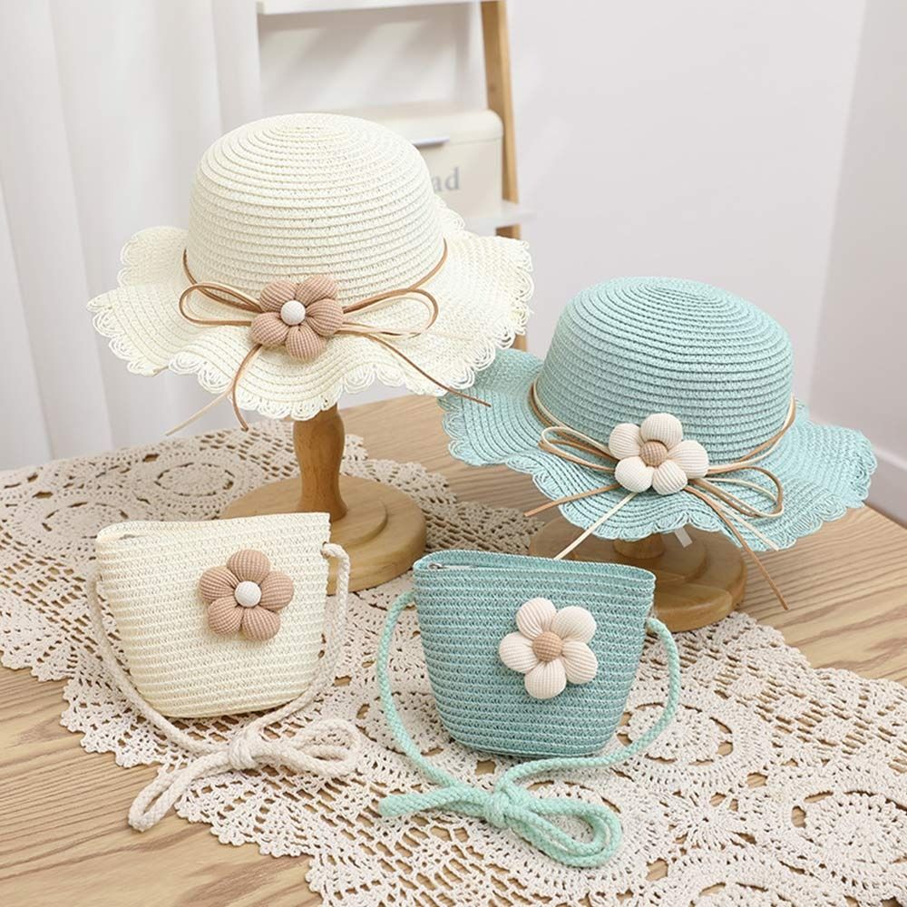 Breathable Kids Straw Cap Bag UV Protection Beach Cap Outdoor Bucket Hat Children Girls