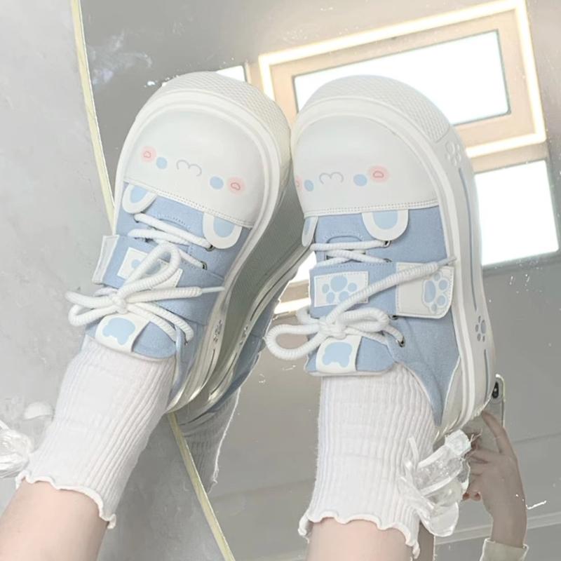 Модные милые туфли лолита на плоской платформе для девочек, студенческие парусиновые туфли на танкетке с милыми кошачьими ушками для молодых женщин