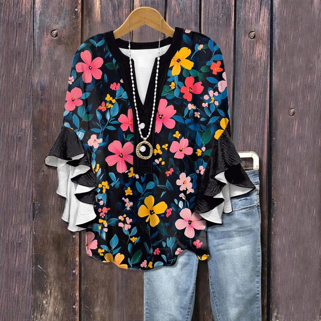 Summer Tops For Women Cute V Neck 3/4 Sleeve Blouses Floral Print Top Casual Shirts