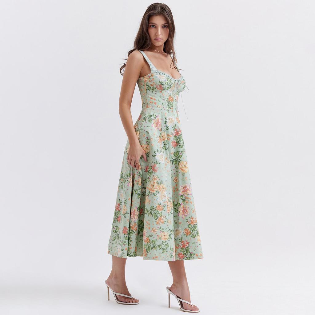 Женское платье длиной до щиколотки с открытой спиной и принтом на тонких бретельках с v-образным вырезом и высокой талией