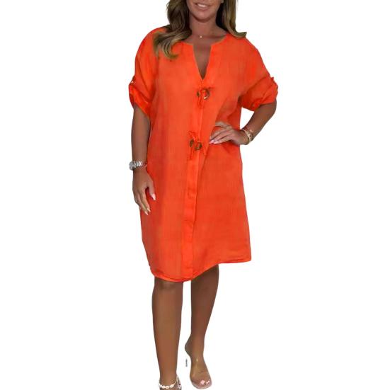 Лето Осень Женское Платье V-образный вырез рукава три четверти Свободный Плюс Размер Длина Колена Ретро Повседневный