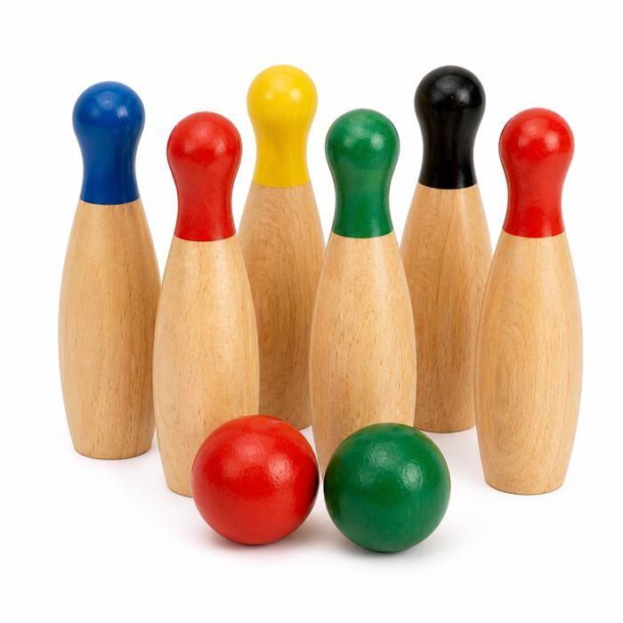 Jeu de quilles en bois - FERRY JOUETS - Set 6 quilles 20 cm - 2 boules Ø5 cm - Têtes colorées - Extérieur