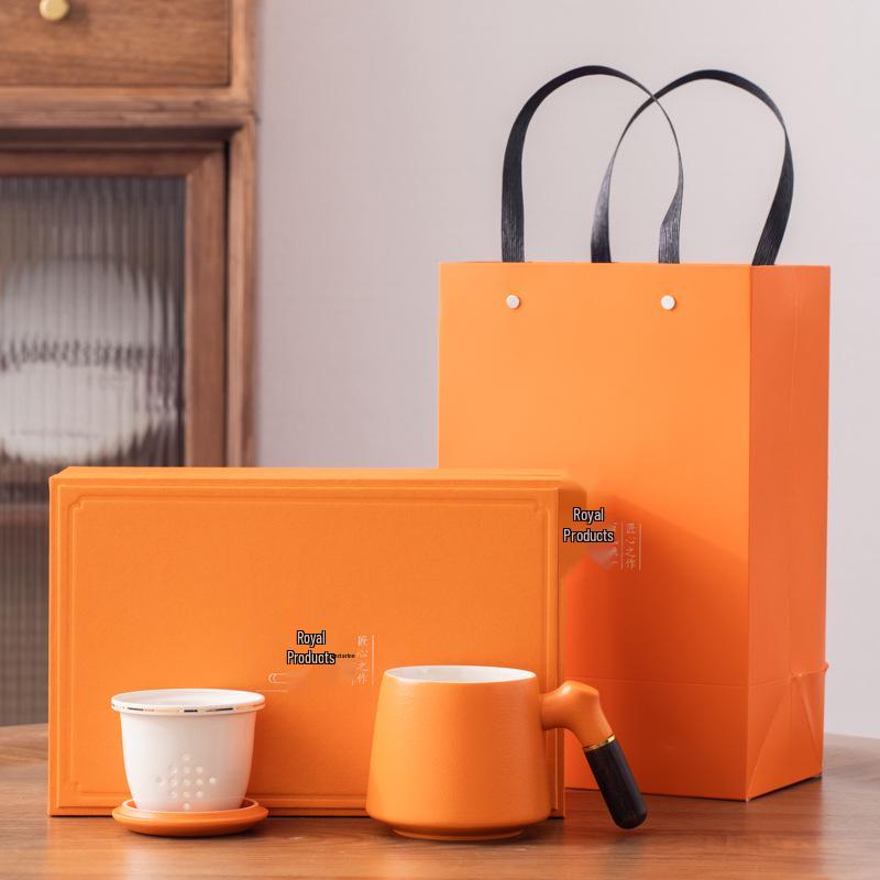 Подарочный набор керамических чашек в китайском стиле с крышкой и деревянной ручкой - Чайная чашка из трех частей с фильтром