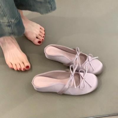 2025 новые сандалии на плоской подошве с увеличенной высотой, удобные, с бантом, надписью, из сатина, с круглым носком, полушлепанцы женские