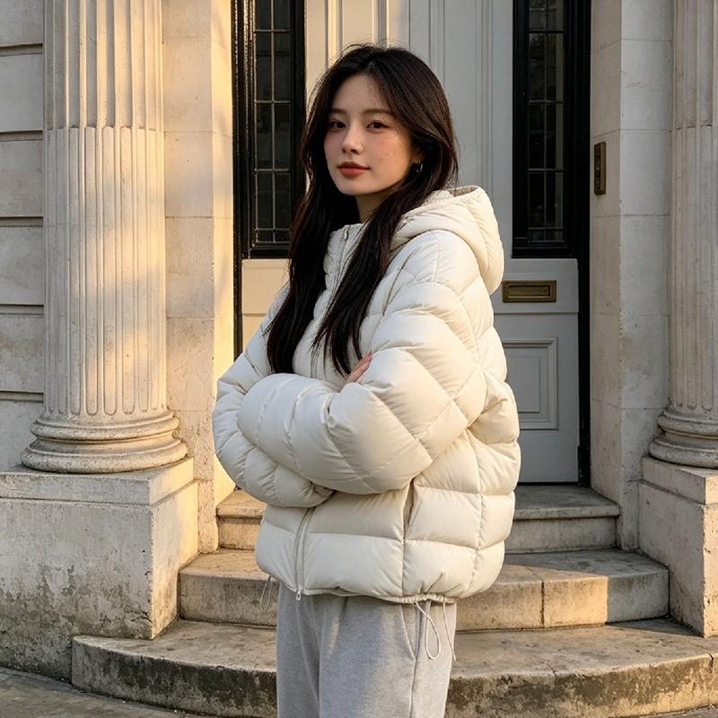 Womens Short Puffer Jacket With Hood Duck Down Fill Loose Fit Warm Winter Coat Daily Commute