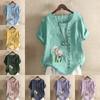 Women's Fashion Round Neck Short Sleeve T-shirt Casual Cotton Linen Graphic Shirt Leisure Loose Flowers and Plants Prined Summer Blouse Tops