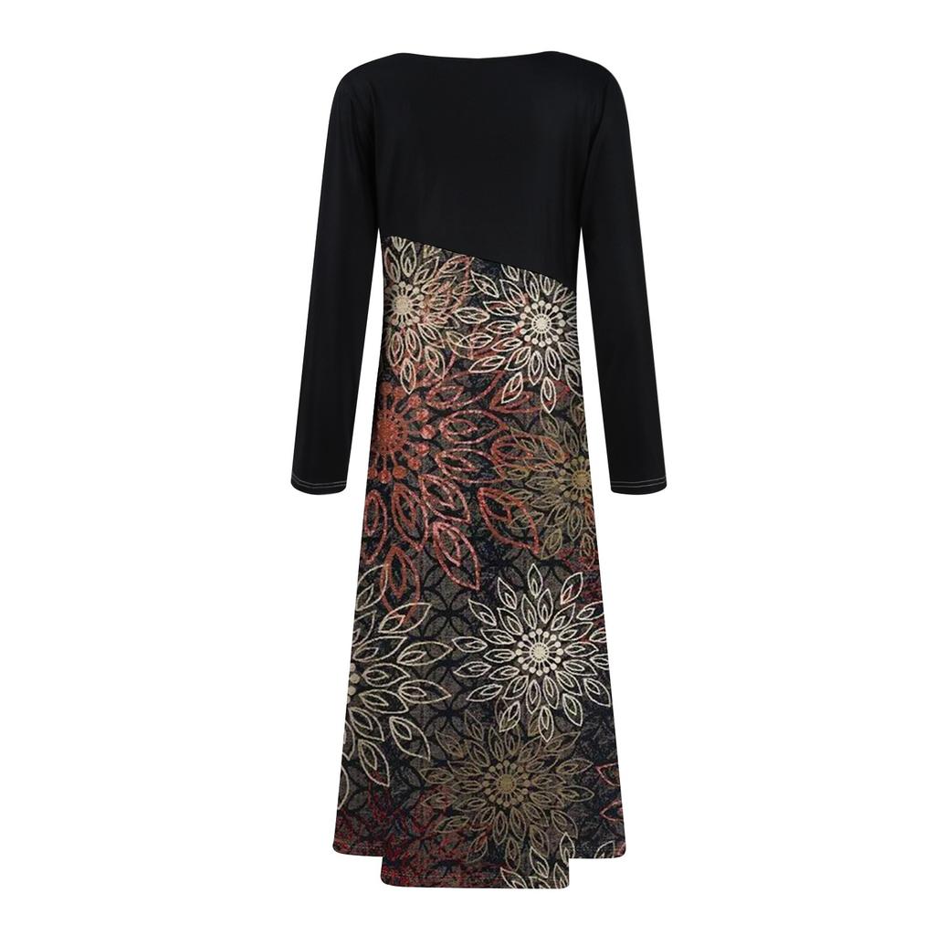 Women's Casual Fashion V-neck Long Sleeve Dress Flower Print Waist Pocket Swing Dress