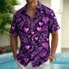 Men's Neon Beach Music Print Short Sleeve Shirt, Psychedelic Hawaiian Button Up Shirt for Spring & Summer