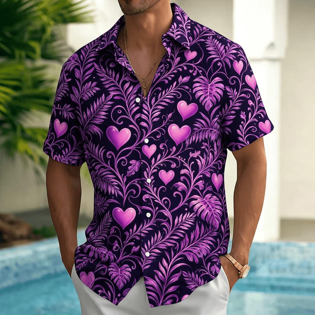 Men's Neon Beach Music Print Short Sleeve Shirt, Psychedelic Hawaiian Button Up Shirt for Spring & Summer