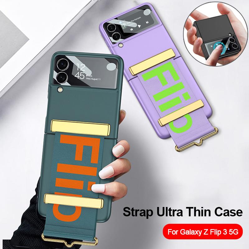 Защитный стеклянный чехол для объектива камеры с ремешком для Samsung Galaxy Z Flip 4 3 5g, чехол-браслет, пластиковая задняя крышка для ПК, Z Flip4 Capa