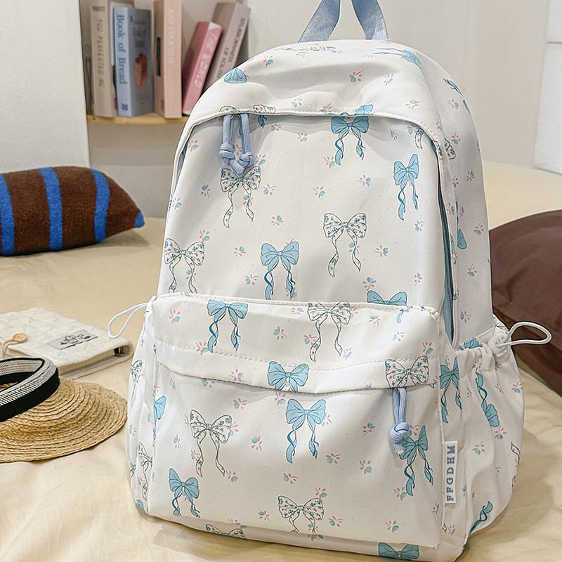 Nylon Travel Backpack For Teens With Butterfly Bow Print
